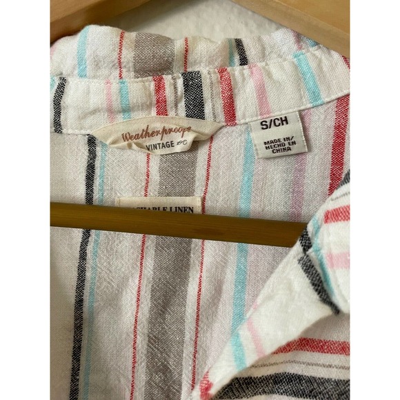 Weatherproof Vintage Size S Tie Front Top Multi Stripe Washable Linen Button Up - Picture 7 of 11